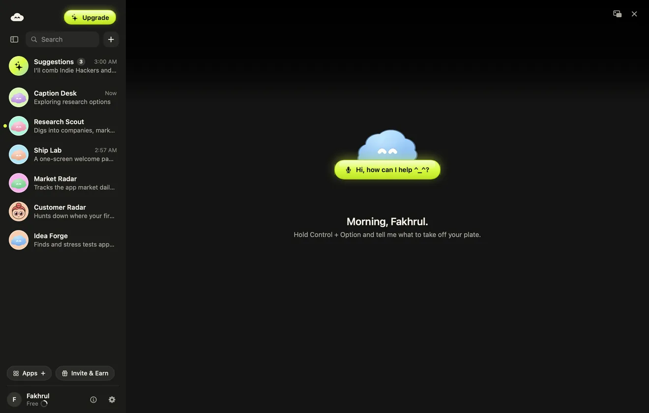 Awan's Home window: your Awans on the left, a cloud saying hi, how can I help
